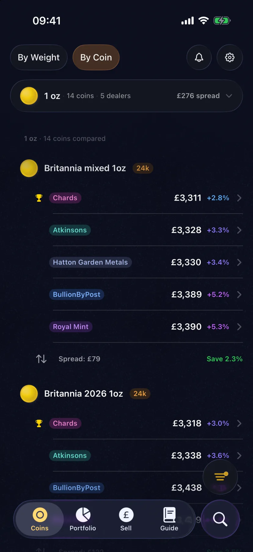GoldScout compare mode showing dealer price comparison