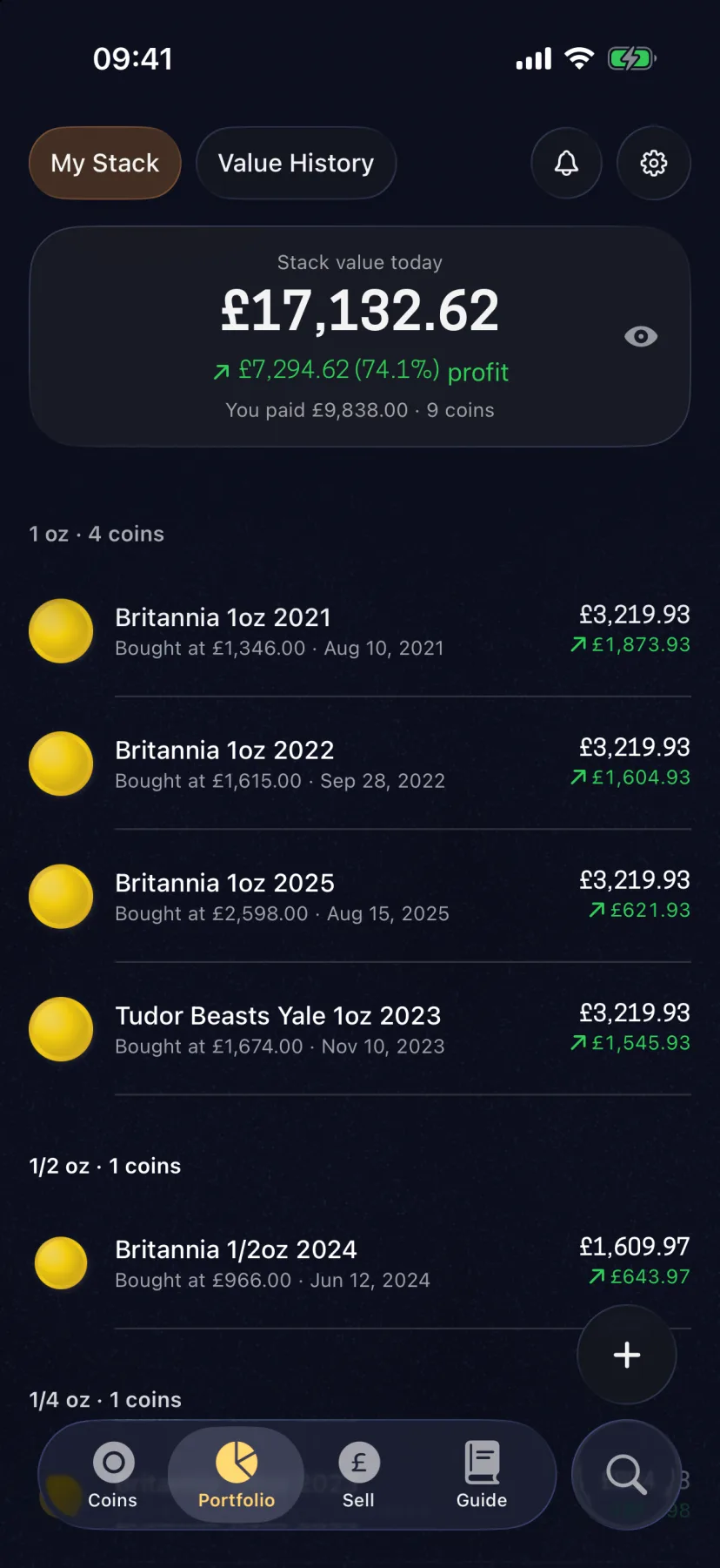GoldScout portfolio tracker showing holdings and profit/loss